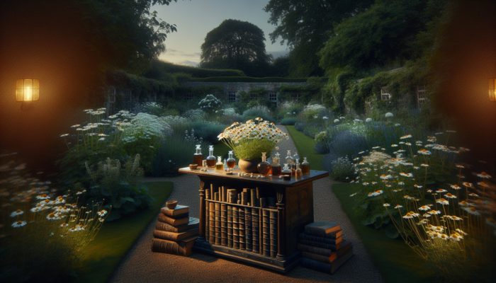 How Chamomile Calms Kids: A serene British garden at dusk with blooming chamomile plants and a vintage apothecary table displaying chamomile remedies, surrounded by historical herbal medicine books.