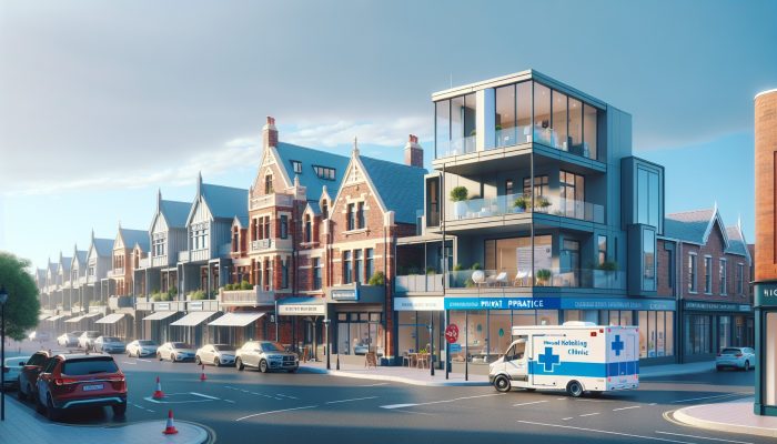 A bustling Rutherglen street showcasing various healthcare facilities including a health center, GP practice, private clinic, and mobile unit.