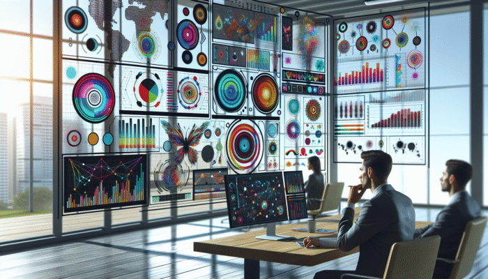 A digital dashboard showing voice search metrics with graphs, in a modern office, analyst studying data.
