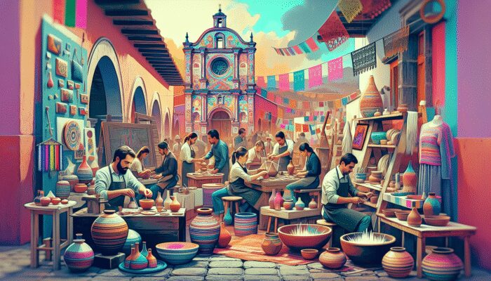 Artisans blending traditional Mexican crafts with modern design, using vibrant colors and innovative materials.