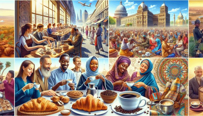 A vibrant collage showcasing global coffee culture: French café with croissants, Ethiopian coffee ceremony, and diverse regional customs.