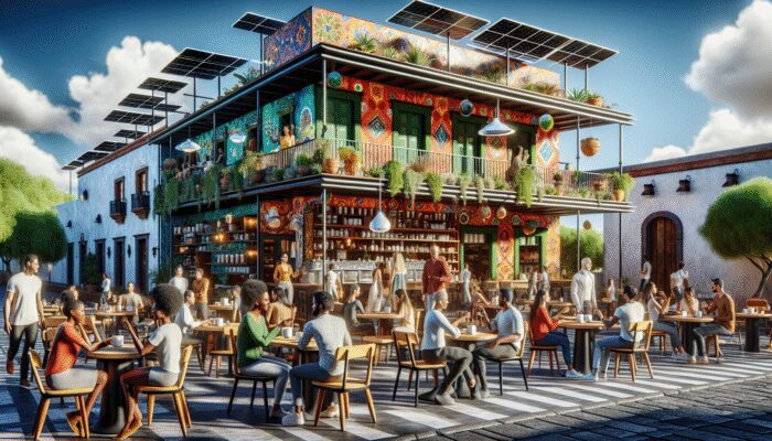 A vibrant café in San Miguel de Allende featuring biodegradable cups and locally sourced organic coffee beans, appealing to eco-conscious patrons.
