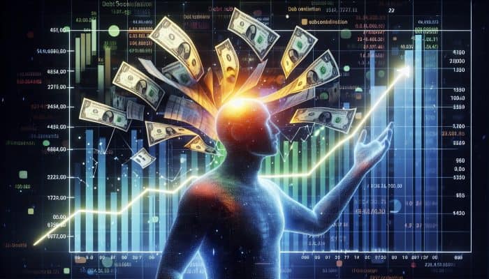 Debt Consolidation With The Snowball Method: A person merging colorful debt papers into one glowing document, with charts showing declining interest rates.