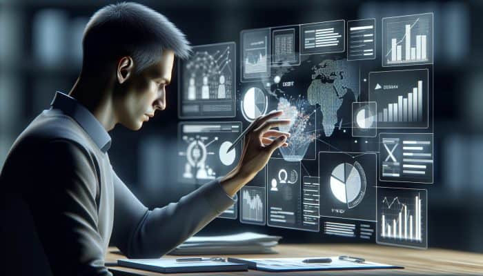 Person analyzing financial documents and charts in a modern office, focusing on debt consolidation strategy.