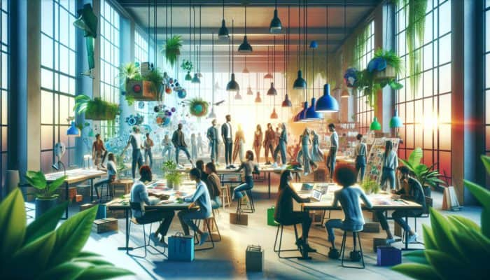 A diverse group of experts designing sustainable fashion trends in an eco-friendly workshop.