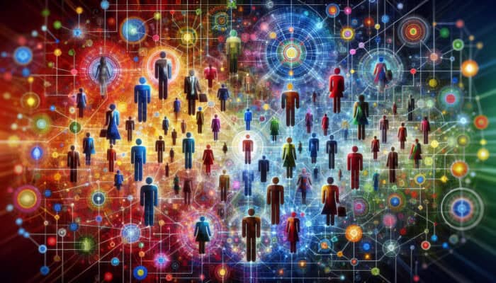 A vibrant network of diverse individuals exchanging resources and ideas, fostering trust and growth.