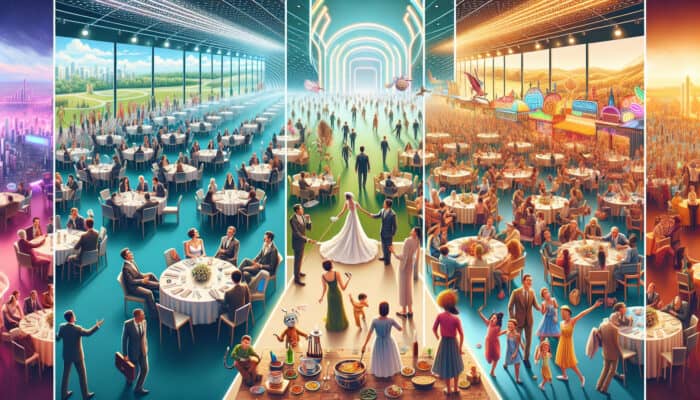 A collage of a professional corporate conference, a personalised wedding, and a lively community festival.