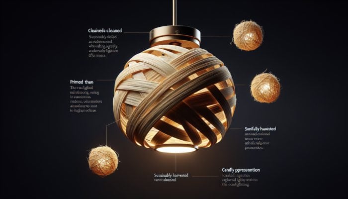 High-quality raffia blonde applied in sections to a cleaned and primed lighting fixture for a refined finish.