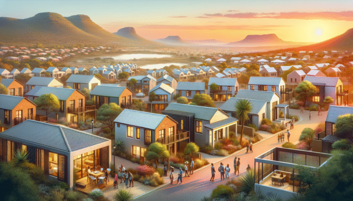 Phalaborwa townscape at sunset, modern rental properties overlooking Kruger National Park, tourists and nature enthusiasts.