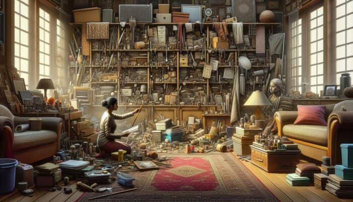 A person assessing various compact tools in a cluttered room for house clearance.