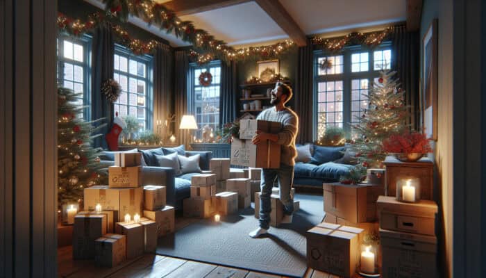 A person joyfully liberating space in a festively adorned UK home interior for Christmas.