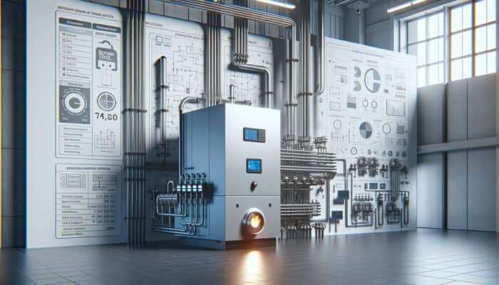 A large commercial boiler in a modern industrial setting with intricate control panels and integrated HVAC systems.