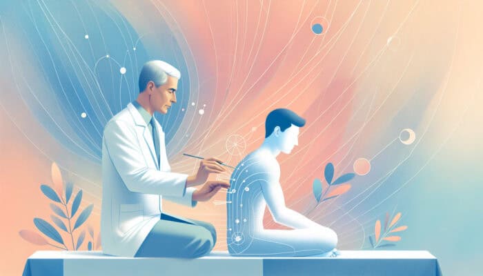 A serene acupuncture session with an expert treating a patient to prevent allergies, surrounded by soothing pastel colours and gentle lines representing energy flow.