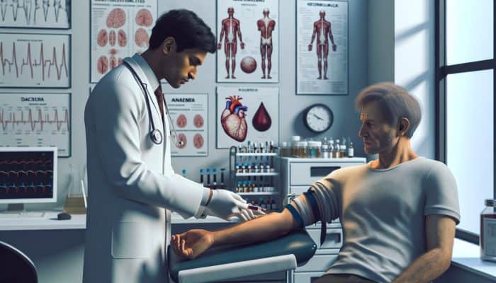 Vitamin B12 Blood Test in Bolton: A doctor in a UK clinic draws blood for a Vitamin B12 test, surrounded by lab equipment and symptom charts, with a fatigued patient.