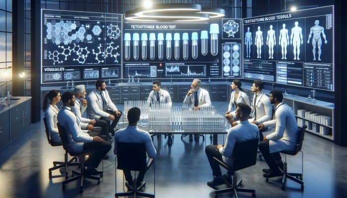 Testosterone Blood Test in Blackburn: Diverse medical experts in a Blackburn lab discuss testosterone blood test results, surrounded by test tubes, graphs, and charts.