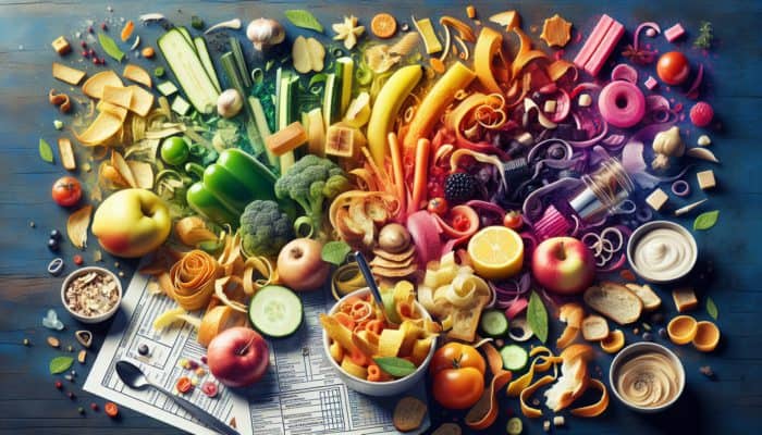 A colourful kitchen setting showcasing food scraps turned into delectable upcycled dishes.