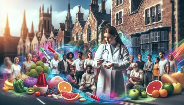 In a modern York clinic, a healthcare expert guides diverse patients through blood glucose testing, surrounded by dietary charts and fresh fruits.