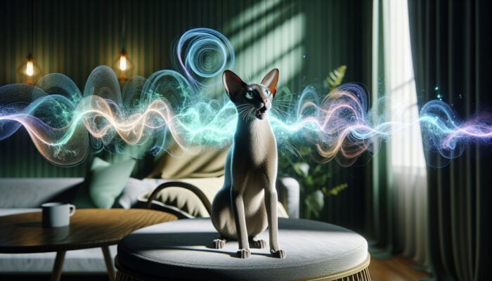Oriental Shorthair Vocalisation: A sleek Oriental Shorthair cat with green eyes, mouth open in vocalisation, emitting swirling blue and green sound waves in a cosy home.