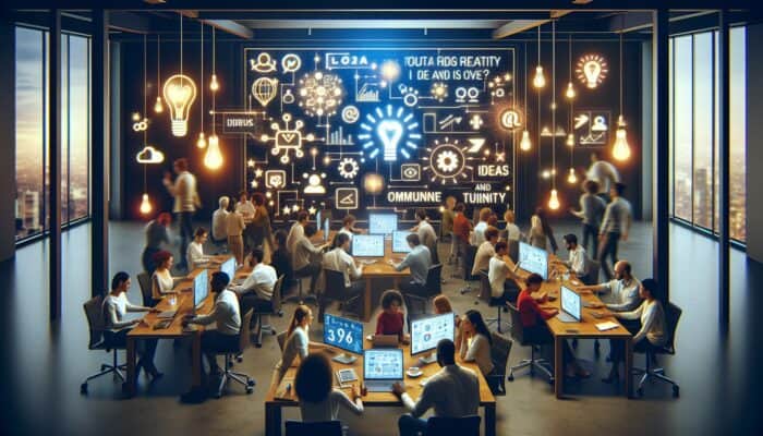 Creating Hosting Social Media Challenges: Diverse individuals brainstorming in a contemporary digital workspace, surrounded by vibrant social media icons, lightbulbs of ideas, and symbols of community.