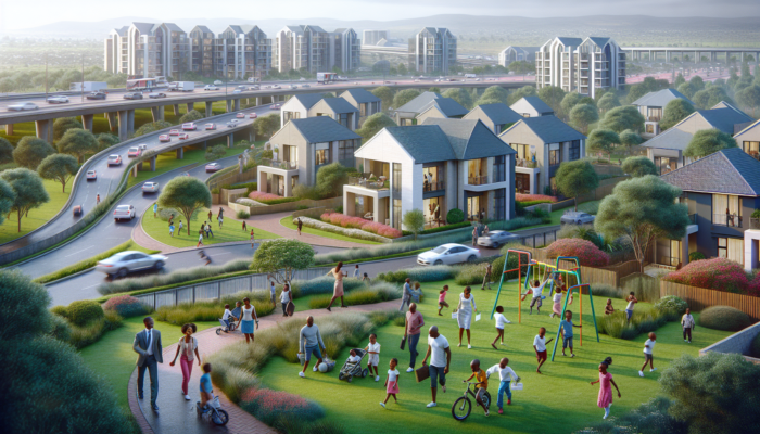 Families viewing mid-level homes in Midrand's Waterfall and Kyalami, with children playing near schools and highways in green landscapes.