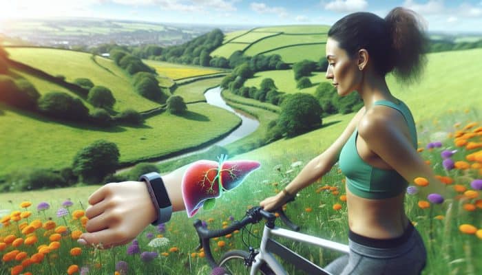 A person cycles through green UK hills with blooming wildflowers, checking a fitness tracker, symbolizing renewed energy and liver health.