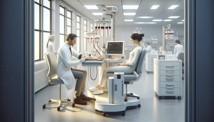 A doctor in a white coat draws blood from a patient's arm for thyroid testing in a modern clinic with high-tech equipment.