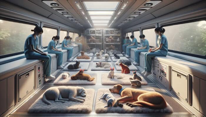 Rescue dogs and cats rest calmly in a spacious, climate-controlled van, with caregivers monitoring for safe, stress-free travel.