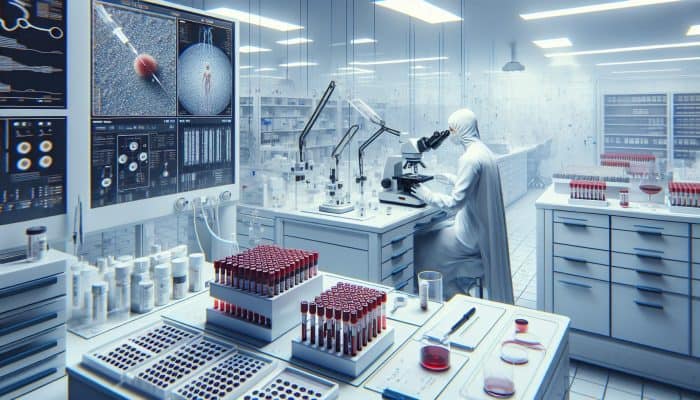 A medical technician in a white coat examines a blood sample for Lyme disease under a microscope in a modern UK lab, surrounded by test kits and equipment.