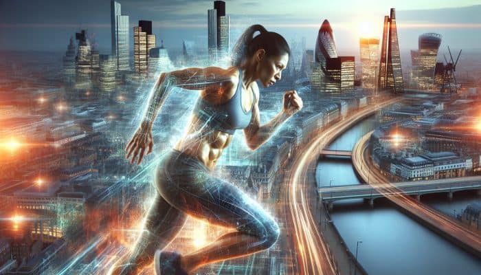 High-Intensity Interval Training for Women: A woman in the UK doing HIIT: sprinting, resting, in a vibrant cityscape, showing high heart rate and stamina.