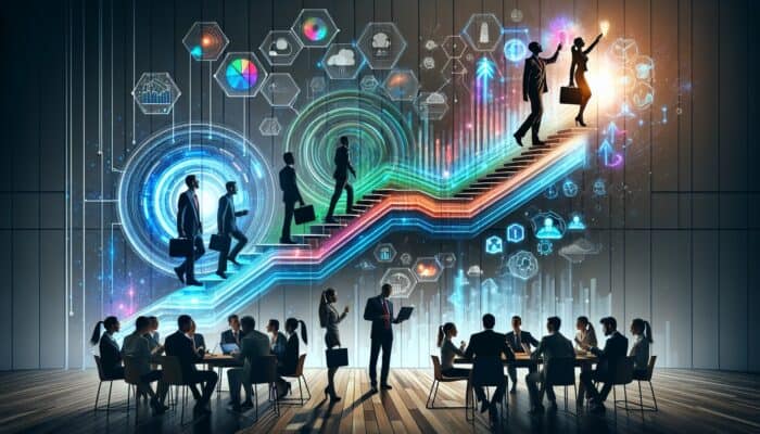 Agents promote web hosting in an office scene, with support escalations depicted as a glowing ladder and climbing figures amid charts and huddles.