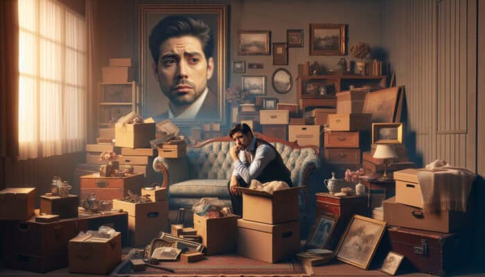 House Clearance for Beginners in the UK: Cluttered Victorian living room during house clearance: stacked boxes, antique furniture, faded photos, and a weary person sorting thoughtfully.
