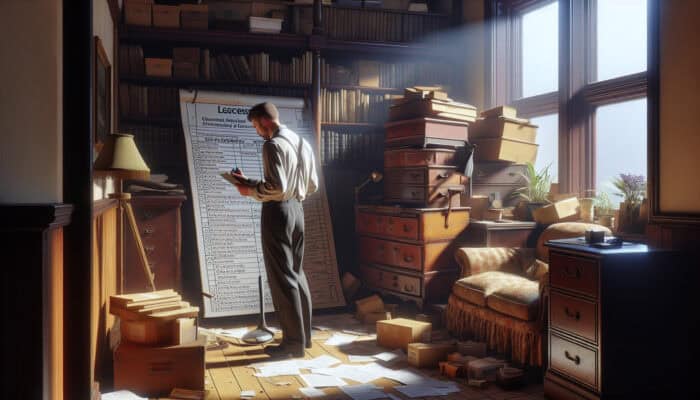 Step-by-step House Clearance Methods: A professional evaluator inspects cluttered, sunlit Victorian rooms filled with damaged antique furniture for house clearance.