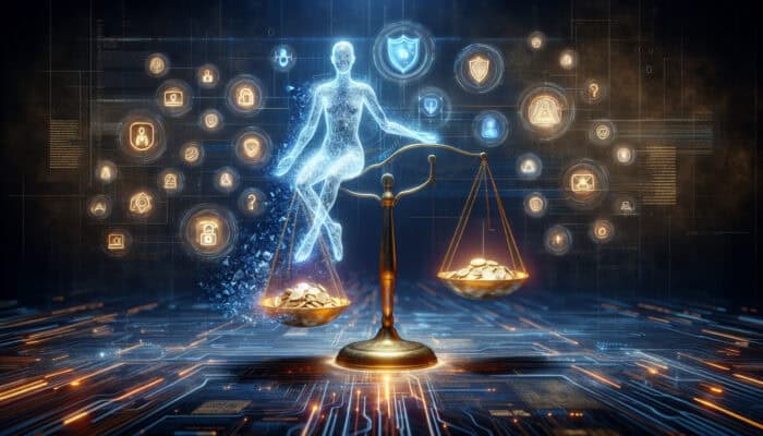 A holographic virtual assistant balances a golden scale with risk symbols and protective shields amid flowing data streams.