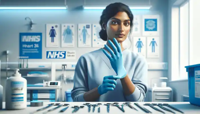 Medical Gloves as PPE: A focused UK healthcare professional in a sterile room, wearing blue BS EN 455 certified gloves, with NHS logos and medical tools in the background.