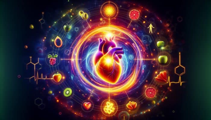 A glowing heart shielded by swirling vitamins C and E, neutralising dark free radicals amid fruits and exercise symbols for cardiovascular protection.