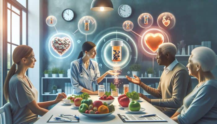 Doctor consulting patients in modern clinic on heart supplements, with labelled pill bottles, timing clocks, fresh meals, and glowing heart icons.