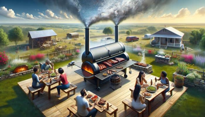 Selection of a Smoker for Backyard Cooking: Rustic backyard setting with large offset smoker, glowing firebox, rising smoke, cooking brisket and ribs, friends gathering.