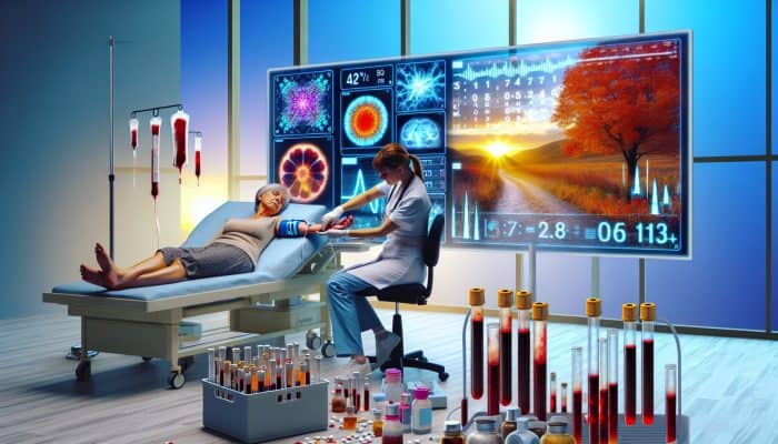 A nurse in a sterile UK laboratory draws blood from a middle-aged woman's arm, with test tubes and screens showing declining oestradiol levels for menopause diagnosis.