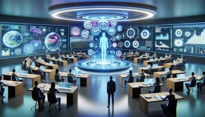 Holographic virtual assistant guides user through AR/VR classroom, displaying real-time data overlays with advanced NLP innovations.