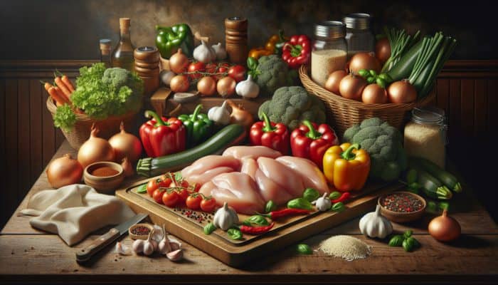 Fresh boneless chicken, colorful vegetables, herbs, and spices arranged on a wooden board in a warm kitchen setting.