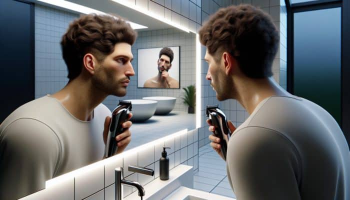 A contemplative person with thick hair examines their face in a mirror, holding electric clippers in a minimalist bathroom, pondering a buzz cut.