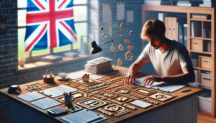 A person organizing property deeds and utility bills on a cluttered wooden desk in a cozy UK home office, with a Union Jack flag.