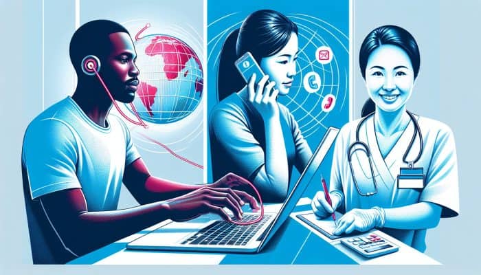 A diverse person searches online for diabetes test appointments, calls a clinic, and arrives at a modern lab for a blood draw by a smiling nurse.