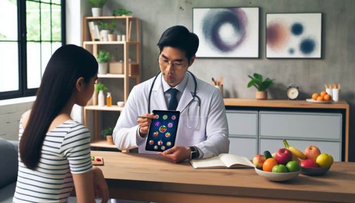 Dietitian Assisting Patient with a Personalised Meal Plan via Tablet in a UK Clinic Surrounded by Fresh Produce and NHS Posters.