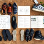 Various pairs of athletic shoes and Xero Shoes sandals are arranged on a dirt surface alongside open books, charts, a smartphone, a ruler, a compass, a carabiner, and green plant leaves—creating the perfect setting for an exploration guide.