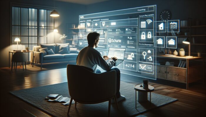A person reviewing online booking details on a laptop in a comfortable home office, surrounded by secure payment icons and a calendar.