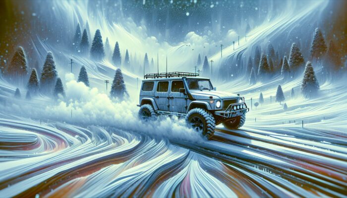 A robust SUV equipped with snow tyres and a powerful heating system driving safely through icy, snowy roads.