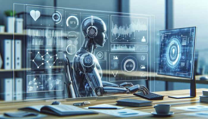 Focused virtual assistant at a sleek desk analyses a digital dashboard with rising task graphs, time trackers, and stress meters.