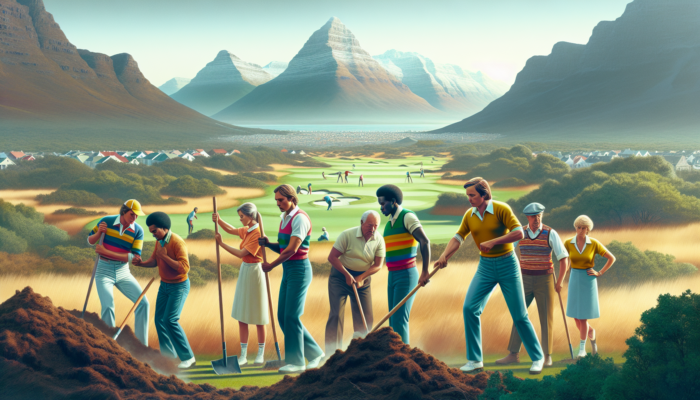 1980s scene: Enthusiastic golf enthusiasts and locals clearing rugged land for Malmesbury Golf Club, surrounded by mountains and lush greenery.