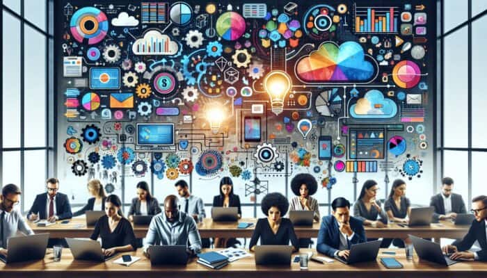 A team of experts in a digital workspace analysing graphs, editing images on laptops, surrounded by tools and infographics.